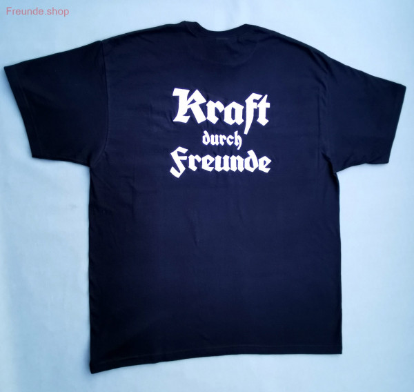 Stick vorn/hinten, T-Shirt, Herren, schwarz; weiß/weiß/weiß "Kraft durch Freunde" Nicki
