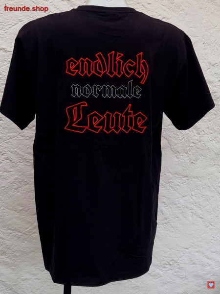 Stick outline vorn/hinten, T-Shirt, Herren, schwarz; rot/silber/rot "endlich normale Leute" Nicki