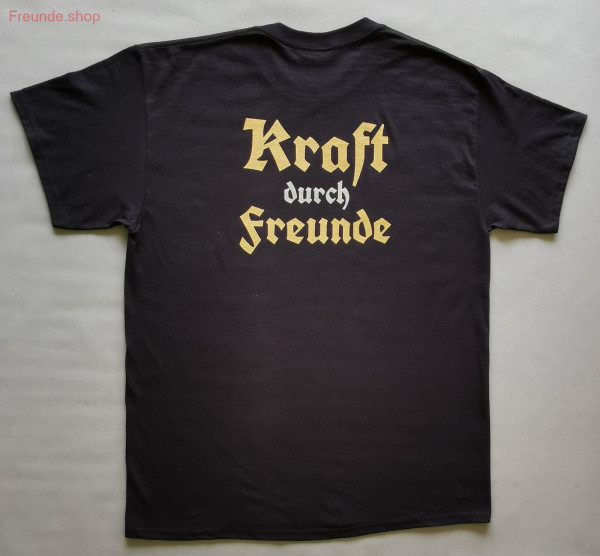 Transferdruck vorn/hinten, T-Shirt, Herren, schwarz; gold/silber/gold "Kraft durch Freunde" Nicki