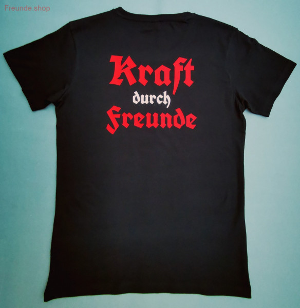 Transferdruck vorn/hinten, T-Shirt, Damen, schwarz; rot/silber/rot "Kraft durch Freunde" Nicki