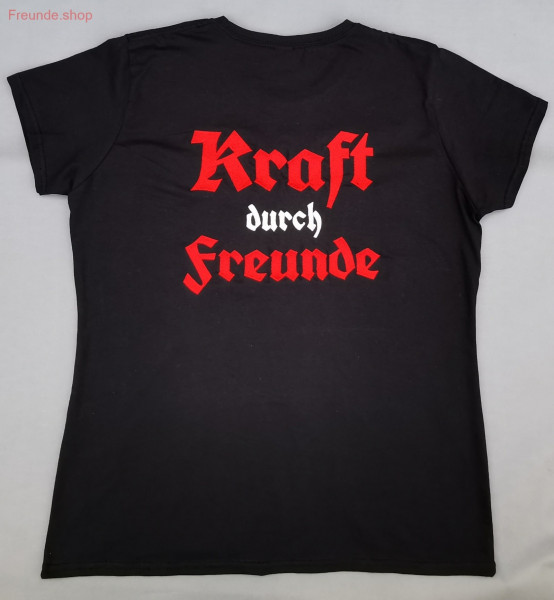 Stick vorn/hinten, T-Shirt, Damen, schwarz; rot/silber/rot "Kraft durch Freunde" Nicki
