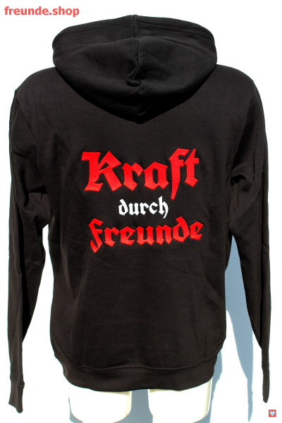 Stick vorn/hinten, Hoodie, Herren, schwarz; rot/silber/rot, "Kraft durch Freunde"