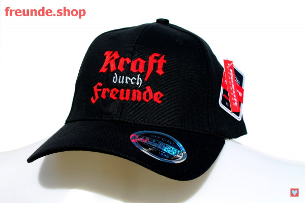 Stick, Cap, schwarz, "Kraft durch Freunde", rot/dunkelsilber/rot, Basecap