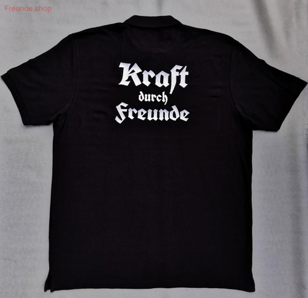 Stick vorn/hinten, Poloshirt, Herren, schwarz; weiß/weiß/weiß "Kraft durch Freunde"